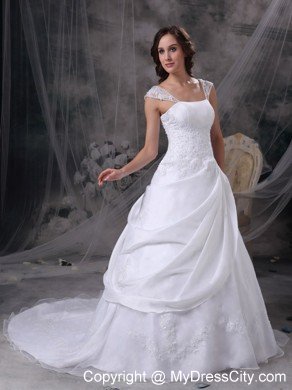 Square Train Satin and Organza Embriodery Decorated Wedding Dress